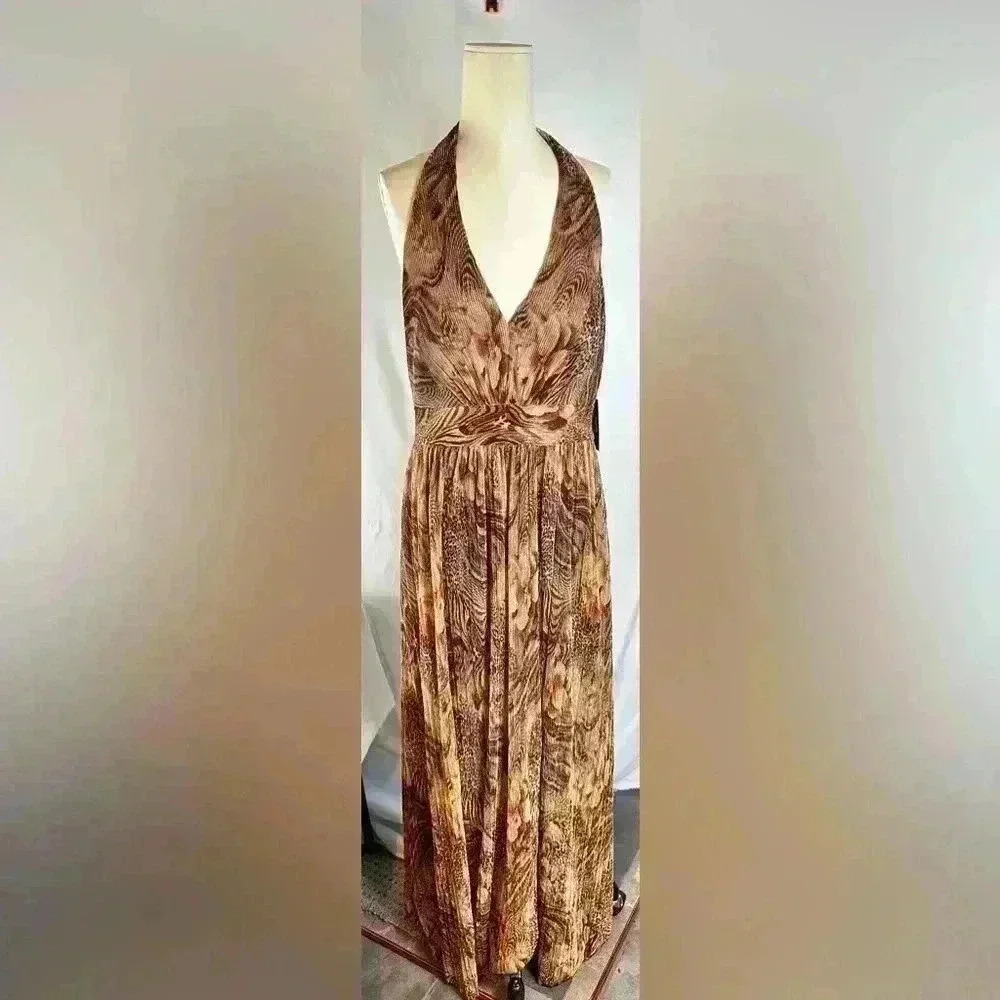 NWT Vince Camuto Size 12 Brown Halter Vacation/Date Night Dress W/23" Necklace - Picture 2 of 13